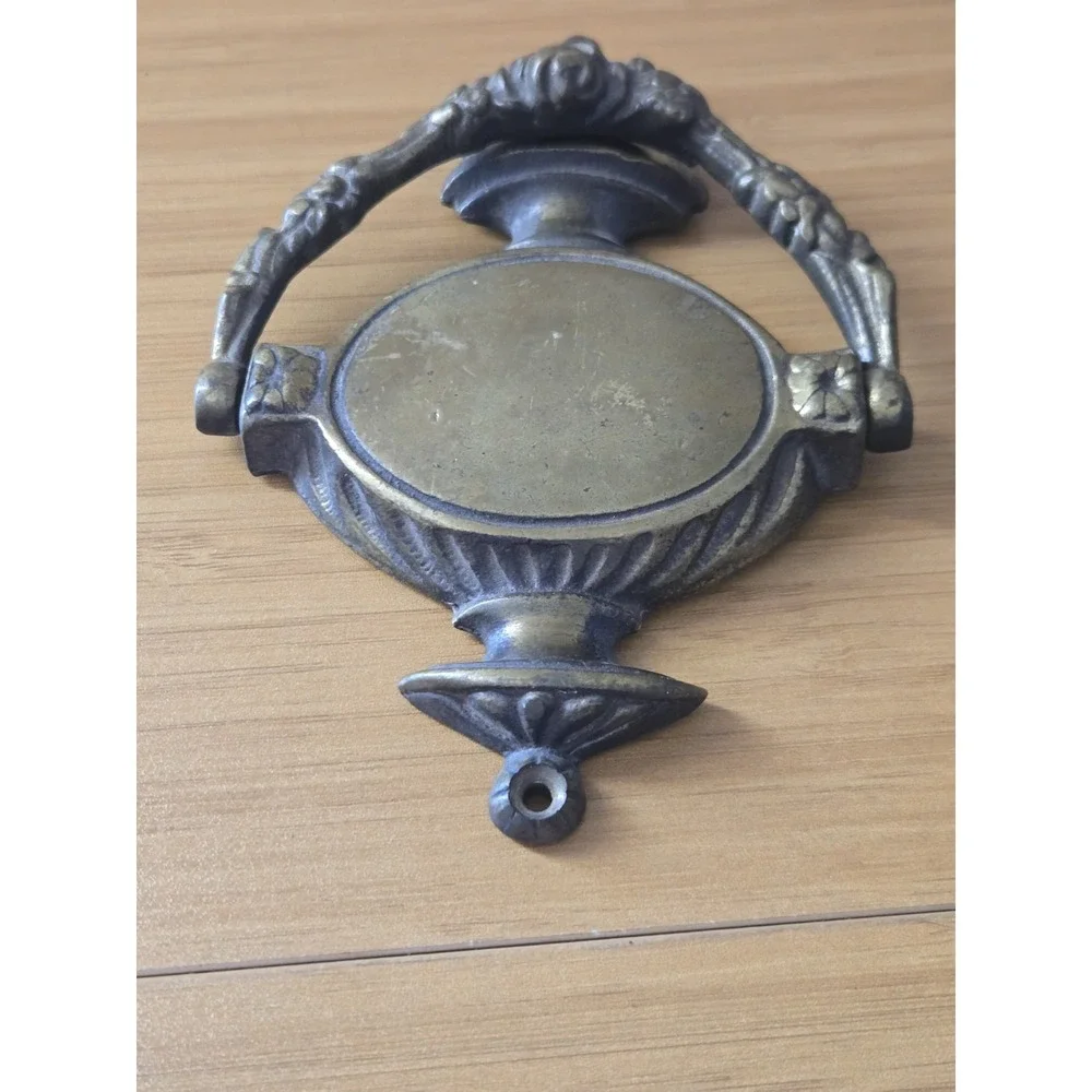 Vintage Neoclassical Solid Brass Door Knocker With Ram Head And Blank Cartouche